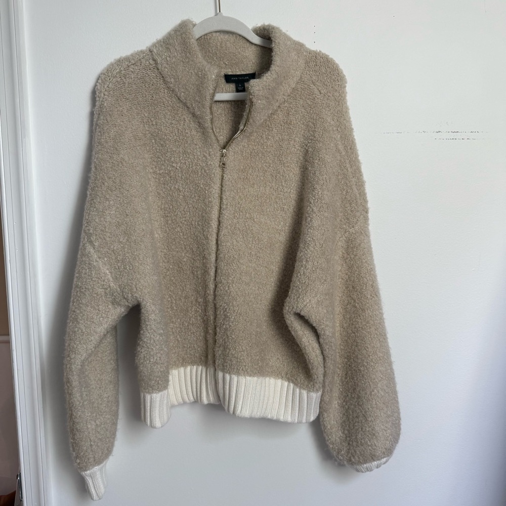 Ann Taylor Beige Teddy Jacket with White Trim